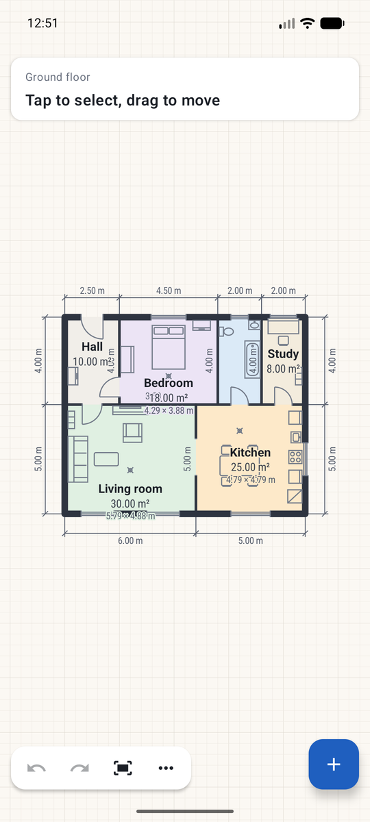 A three-bedroom ground floor drawn in Plotline: coloured rooms, furniture, dimensions in metres
