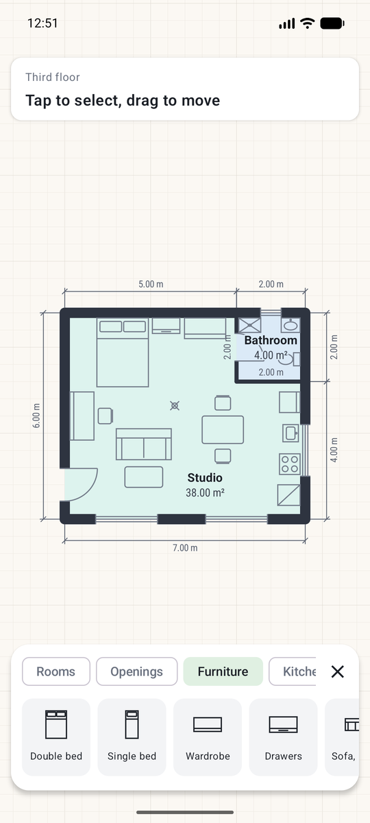 The Add tray open on furniture over a studio plan